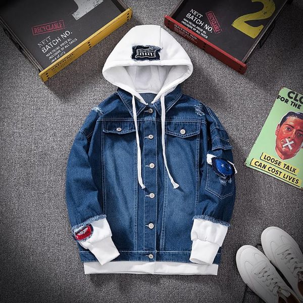 men's jackets japanese fashion long for men denim hooded fake two pieces patchwork clothing winter hip hop streetwear jean coat, Black;brown
men's jackets japanese fashion long for men denim hooded fake two pieces patchwork clothing winter hip hop streetwear jean coat, Black;brown