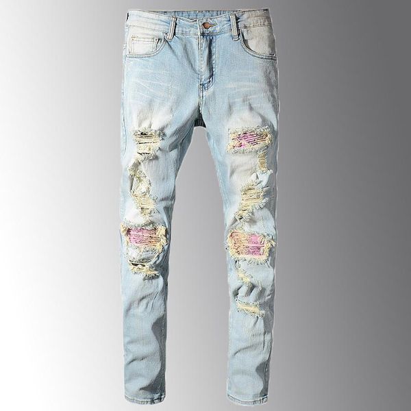 patchwork bandanna men's paisley printed biker jeans light blue holes ripped skinny stretch denim pants trousers
patchwork bandanna men's paisley printed biker jeans light blue holes ripped skinny stretch denim pants trousers