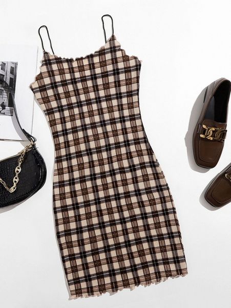 lettuce trim tartan bodycon dress z5x7#, Black;gray 
lettuce trim tartan bodycon dress z5x7#, Black;gray