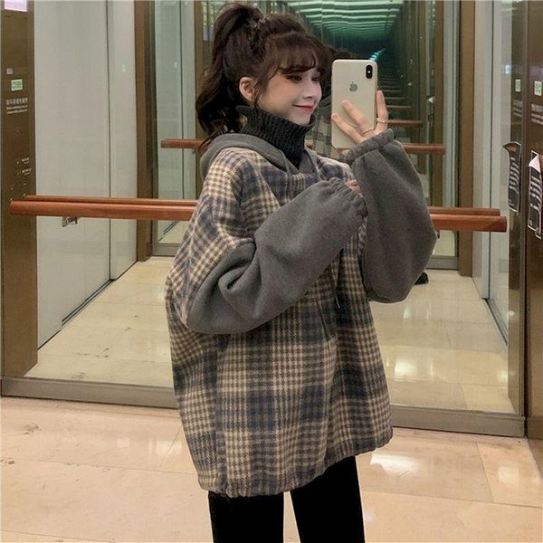 sweatshirts female fake two-piece stitching plaid high collar hooded women autumn and winter plus velvet thick loose long-sleeve women', Black
sweatshirts female fake two-piece stitching plaid high collar hooded women autumn and winter plus velvet thick loose long-sleeve women', Black