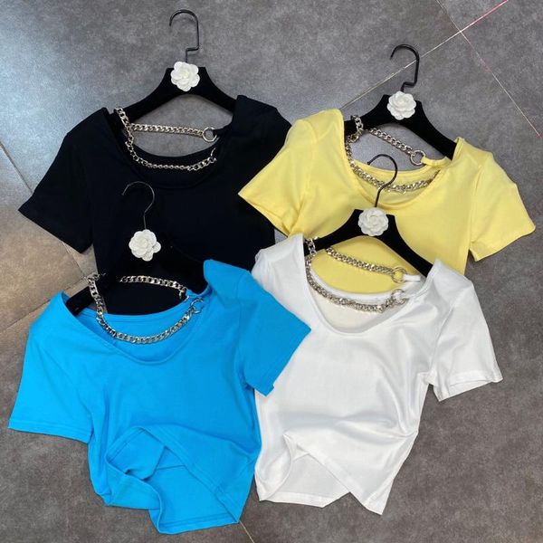 women's t-shirt 2021 summer crop round neck shoulder pad short sleeve chain tight and thin tee, White
women's t-shirt 2021 summer crop round neck shoulder pad short sleeve chain tight and thin tee, White