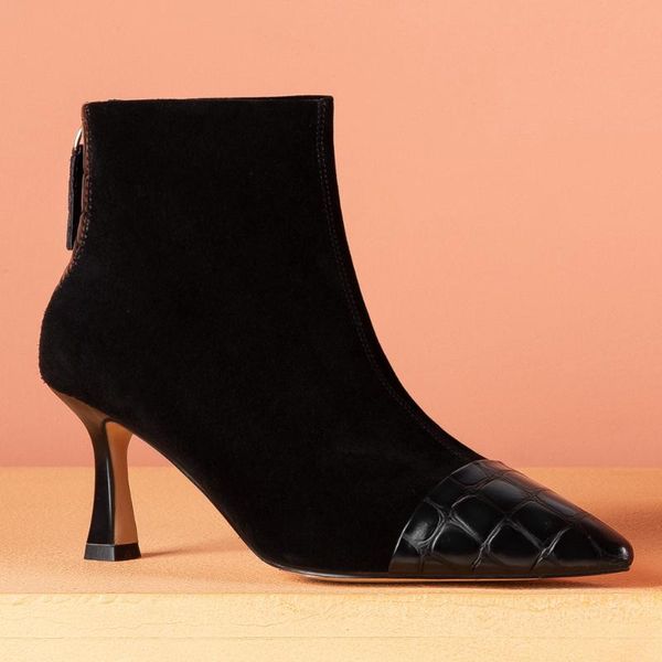 boots women's natural suede leather patchwork back zip thin high heel elegant ladies autumn ankle pointed toe short booties shoe, Black
boots women's natural suede leather patchwork back zip thin high heel elegant ladies autumn ankle pointed toe short booties shoe, Black