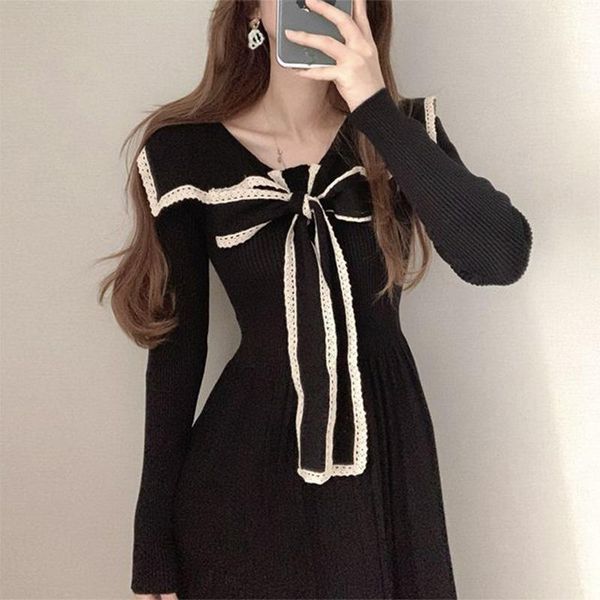 casual dresses elegant chic sailor collar knitted women dress lace patchwork bowknot drawstring pleated lady sweet high waist vestidos, Black;gray
casual dresses elegant chic sailor collar knitted women dress lace patchwork bowknot drawstring pleated lady sweet high waist vestidos, Black;gray