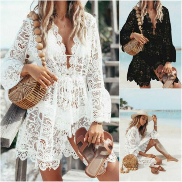 women bikini cover up dress lace crochet swimwear beach bathing suit summer hollow out biquinis vestidos women's, White;black
women bikini cover up dress lace crochet swimwear beach bathing suit summer hollow out biquinis vestidos women's, White;black