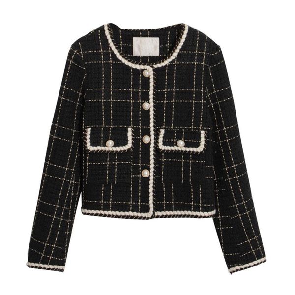 women's wool & blends sweet elegant patchwork plaid pearl button up short tweed coat women long sleeve straight autumn winter jacket cr, Black
women's wool & blends sweet elegant patchwork plaid pearl button up short tweed coat women long sleeve straight autumn winter jacket cr, Black