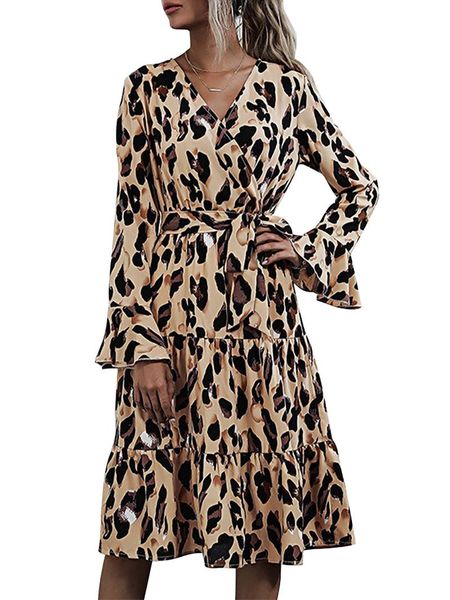 casual dresses leopard print v-neck lace up belt dress flared sleeve elegant fashion spring/autumn knee length a-line long, Black;gray 
casual dresses leopard print v-neck lace up belt dress flared sleeve elegant fashion spring/autumn knee length a-line long, Black;gray