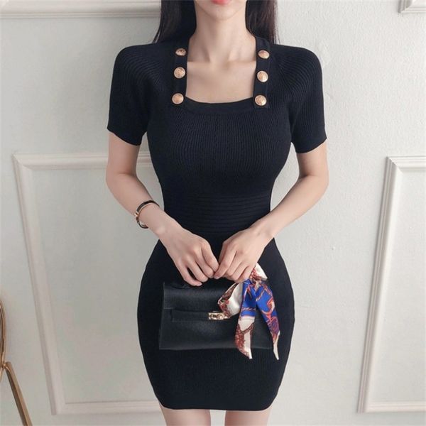 knitted gold-button square neck short sleeve back zipper mini dress bodycon women elegant summer 210519, Black;gray
knitted gold-button square neck short sleeve back zipper mini dress bodycon women elegant summer 210519, Black;gray