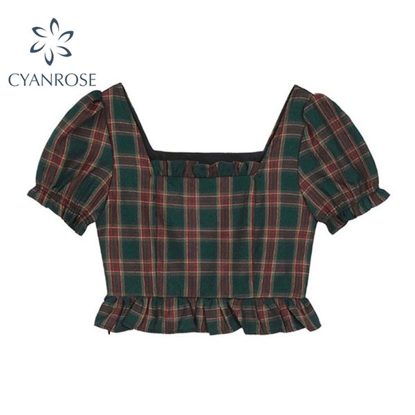 womens high waist elastic plaid blouse summer korean retro slim preppy style elegant crop shirts ladies chic blusas 210430, White
womens high waist elastic plaid blouse summer korean retro slim preppy style elegant crop shirts ladies chic blusas 210430, White