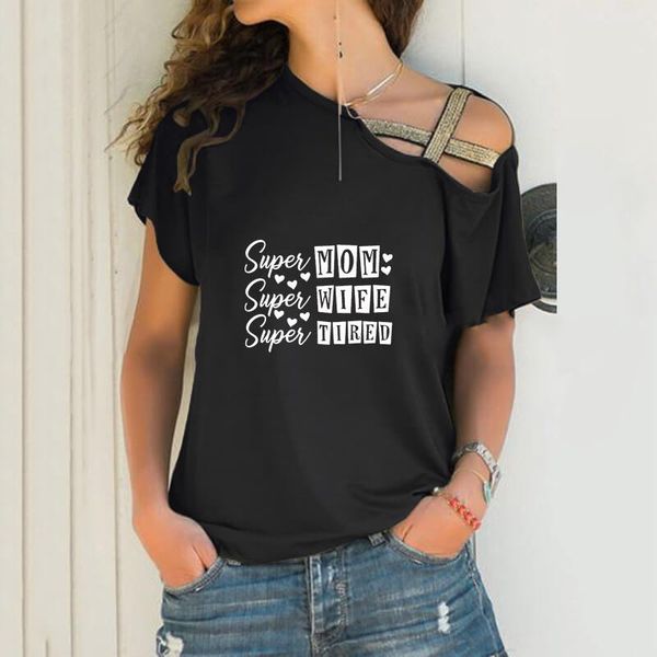 women's t-shirt super mom wife print loose women irregular tshirt lover gift punk harajuku skew neck cross bandage, White
women's t-shirt super mom wife print loose women irregular tshirt lover gift punk harajuku skew neck cross bandage, White