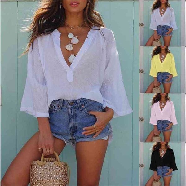 spring summer patchwork female shirts 4 colors deep v neck flared sleeves pullover simple fashion casual ladies solid 210517, White
spring summer patchwork female shirts 4 colors deep v neck flared sleeves pullover simple fashion casual ladies solid 210517, White