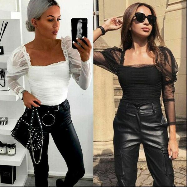 brand sheer tee womens shirt casual slim mesh long puff sleeve solid see through autumn skinny fashion, White 
brand sheer tee womens shirt casual slim mesh long puff sleeve solid see through autumn skinny fashion, White