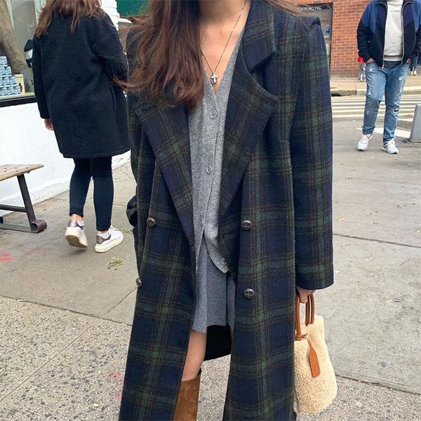 women's wool & blends women turn down collar plaid long coat winter autumn fashion female double-breasted casual outerwear, Black
women's wool & blends women turn down collar plaid long coat winter autumn fashion female double-breasted casual outerwear, Black