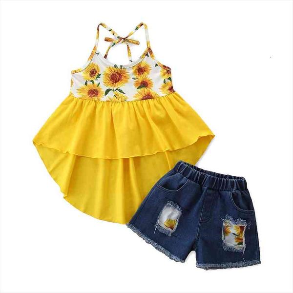 infant kids baby girls sunflower print clothes set, sleeveless irregular hem sling elastic waist ripped denim shorts, White
infant kids baby girls sunflower print clothes set, sleeveless irregular hem sling elastic waist ripped denim shorts, White