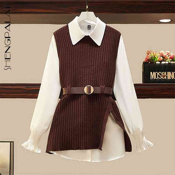 minimalist lapel long sleeve shirt and knitted vest with belt large size two piece sets for women's in spring 210427, White
minimalist lapel long sleeve shirt and knitted vest with belt large size two piece sets for women's in spring 210427, White