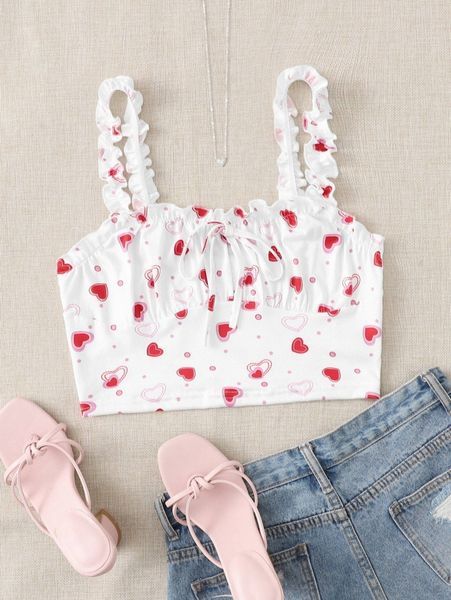 tie front ruched bust heart print r4ig#, White
