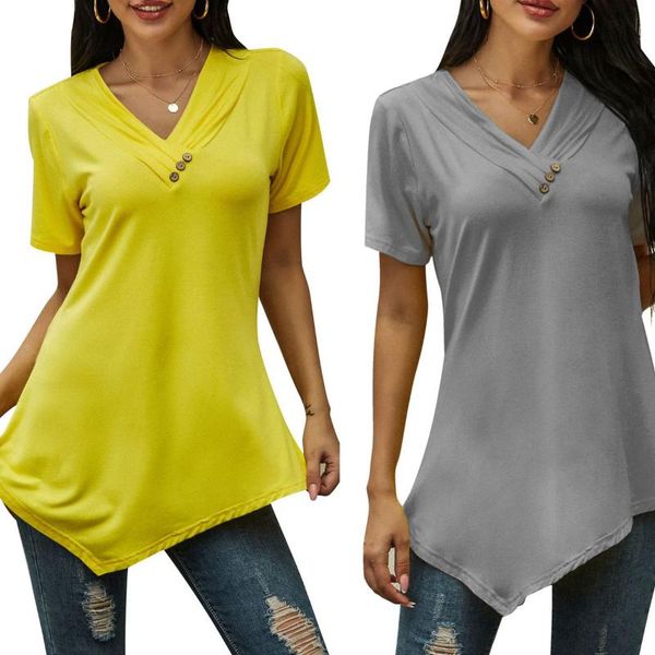 women's t-shirt irregular short sleeve summer fashion wild v-neck button pullover solid color casual loose tee shirts, White
women's t-shirt irregular short sleeve summer fashion wild v-neck button pullover solid color casual loose tee shirts, White