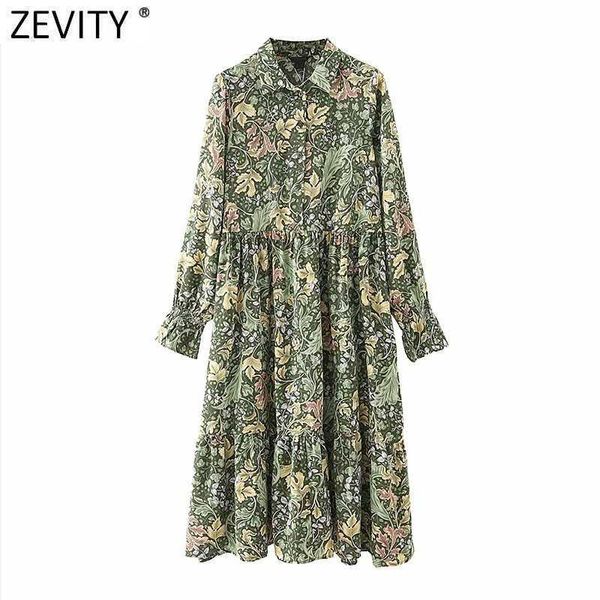 

zevity women vintage floral leaves print pleats green midi shirt dress female chic flare sleeve casual kimono vestido ds8185 210603, Black;gray