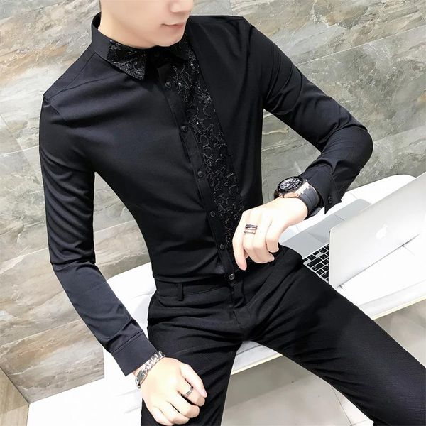 men's casual shirts hairstylist personality clothes male fashion slim lace stitching long sleeves shirt men nightclub, White;black
men's casual shirts hairstylist personality clothes male fashion slim lace stitching long sleeves shirt men nightclub, White;black