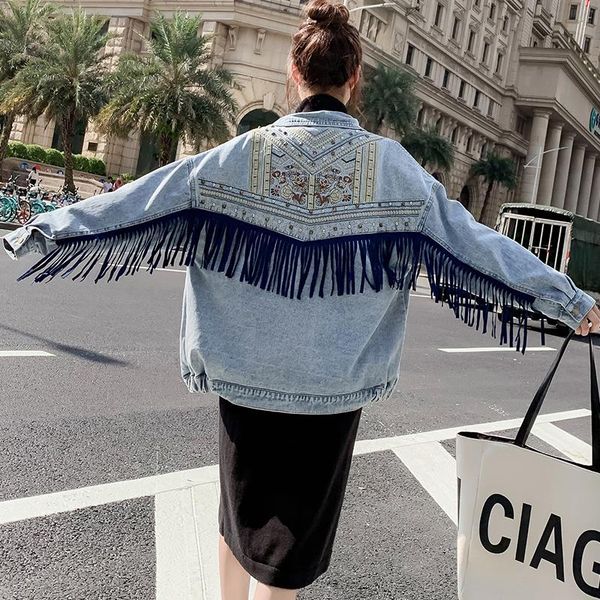 women's jackets 2021 real s hong kong style loose worn washed medium length denim jacket tassel, Black;brown
women's jackets 2021 real s hong kong style loose worn washed medium length denim jacket tassel, Black;brown