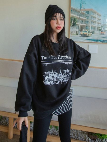 dazy slogan graphic drop shoulder thermal pullover 06qe#, White;black