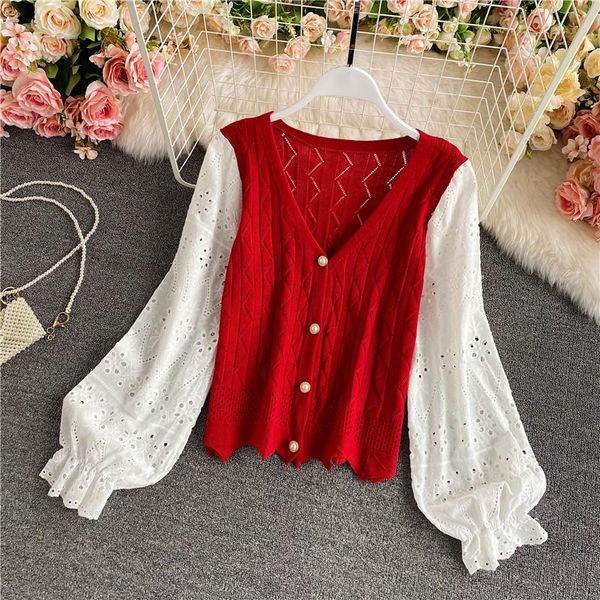 women's knits & tees spring autumn loose casual thin knit cardigan stitching lantern sleeves v-neck single-breasted top, White
women's knits & tees spring autumn loose casual thin knit cardigan stitching lantern sleeves v-neck single-breasted top, White