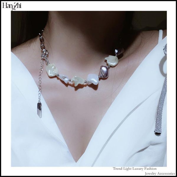 french ins style baroque shaped handmade pearl shell titanium steel chain stitching men and women cool design necklace chains, Silver
french ins style baroque shaped handmade pearl shell titanium steel chain stitching men and women cool design necklace chains, Silver