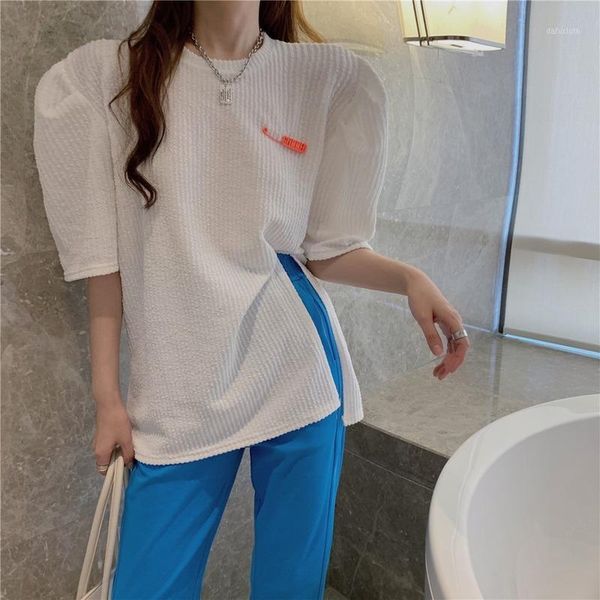real s short-sleeved women's t-shirt summer round neck loose puff sleeve texture split mid-length top, White
real s short-sleeved women's t-shirt summer round neck loose puff sleeve texture split mid-length top, White