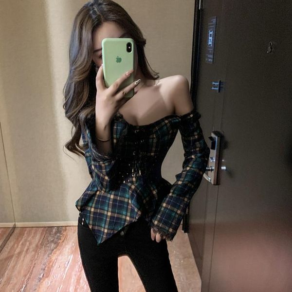 women's blouses & shirts hi girl girdle plaids blouse women off shoulder slim asymmetric designer shirt criss cross long sleeve blusa f, White