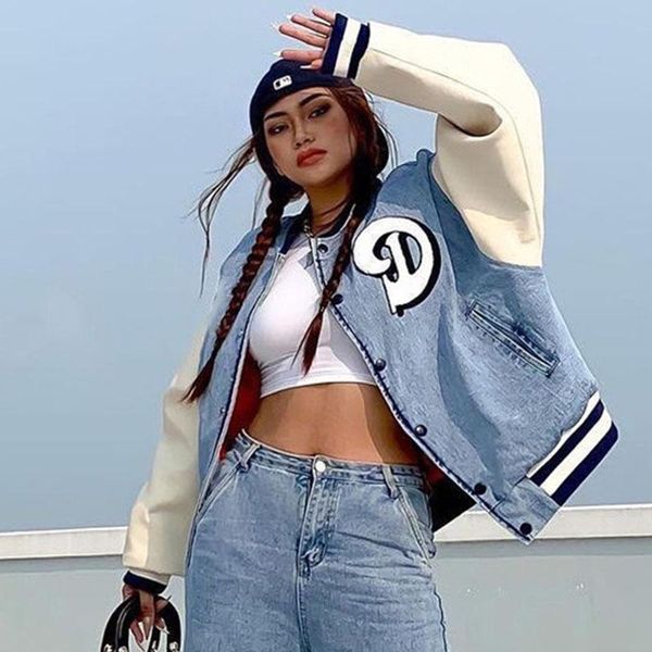 women's jackets denim jacket leather patchwork embroidery letter y2k button pockets women clothes autumn casual varsity baseball coat, Black;brown
women's jackets denim jacket leather patchwork embroidery letter y2k button pockets women clothes autumn casual varsity baseball coat, Black;brown