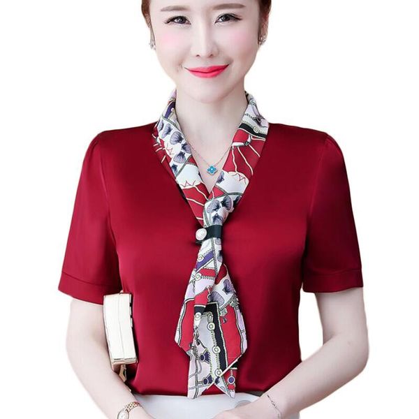 women blouses summer short sleeve bow tie v-neck silk blouse shirts office korean chiffon camisas mujer women's, White
women blouses summer short sleeve bow tie v-neck silk blouse shirts office korean chiffon camisas mujer women's, White