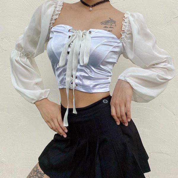 women's t-shirt ins clothing europe and the united states satin stitching mesh gauze bubble sleeve court wind tie jacket, White
women's t-shirt ins clothing europe and the united states satin stitching mesh gauze bubble sleeve court wind tie jacket, White