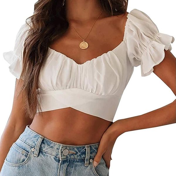 women's t-shirt summer bohemian lantern short-sleeved umbilical strap short shirt pleated solid color small top, White
women's t-shirt summer bohemian lantern short-sleeved umbilical strap short shirt pleated solid color small top, White