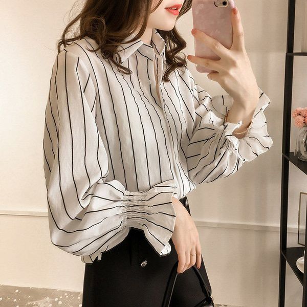 fashion trumpet sleeve loose shirt women striped print blouse college pocket lapel blouse x0521, White
fashion trumpet sleeve loose shirt women striped print blouse college pocket lapel blouse x0521, White