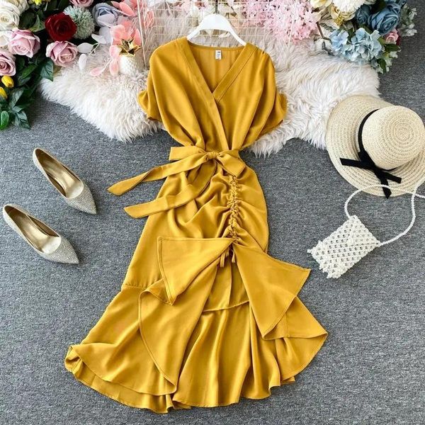 women vintage solid irreglar mermaid dress summer v-neck short sleeve fashion dresses elegant party high waist female, White;black
women vintage solid irreglar mermaid dress summer v-neck short sleeve fashion dresses elegant party high waist female, White;black