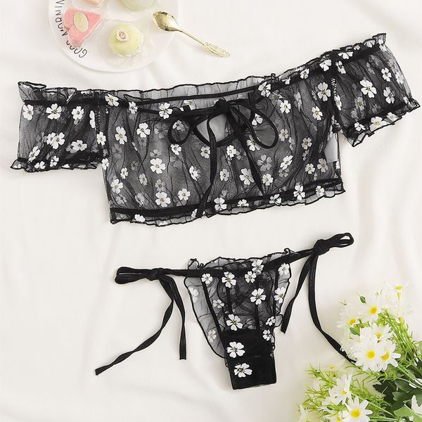 2pcs women suit sheer daisy floral printing off-shoulder crop + bow knot tie-waist thong-panty underwear setsby air, Black;white
2pcs women suit sheer daisy floral printing off-shoulder crop + bow knot tie-waist thong-panty underwear setsby air, Black;white