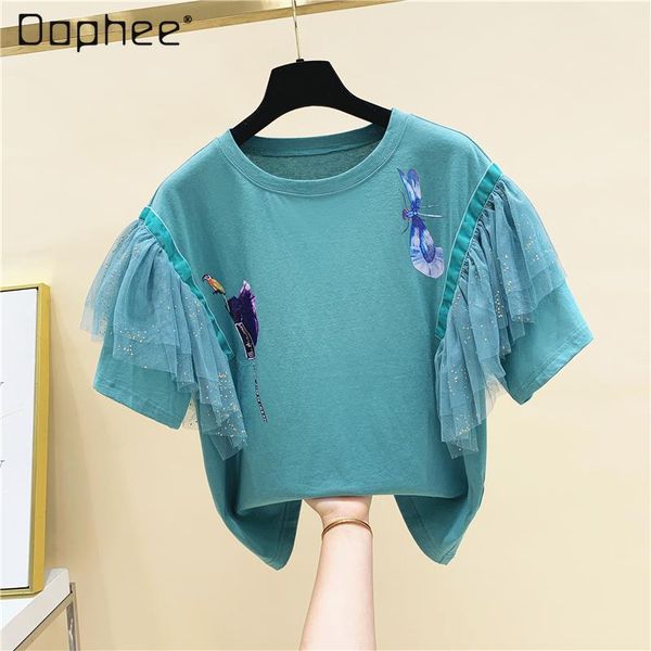 women's t-shirt 2021 summer mesh stitching printing loose short-sleeved trendy half sleeve fashion, White 
women's t-shirt 2021 summer mesh stitching printing loose short-sleeved trendy half sleeve fashion, White