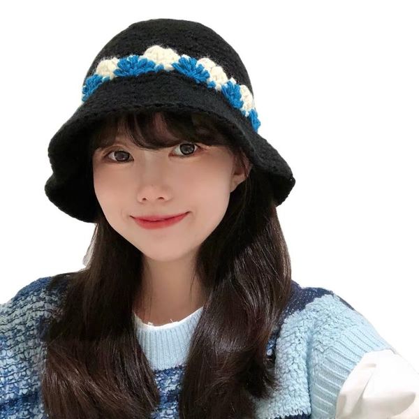 wide brim hats winter warm knitted hat ethnic style hit color hook flower show face small pot japanese women cute youth bucket, Blue;gray 
wide brim hats winter warm knitted hat ethnic style hit color hook flower show face small pot japanese women cute youth bucket, Blue;gray