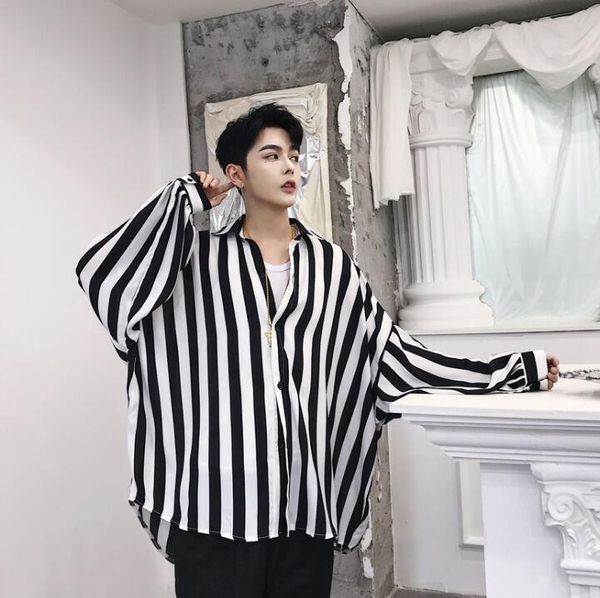 men's casual shirts plus size fashion&trend designer's clothing male black-and-white stripe long sleeve loose style bat, White;black
men's casual shirts plus size fashion&trend designer's clothing male black-and-white stripe long sleeve loose style bat, White;black