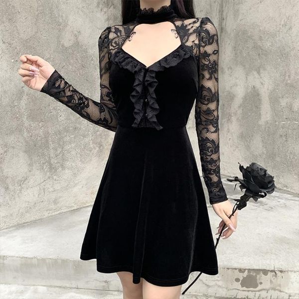 casual dresses women gothic floral lace patchwork long sleeve slim choker ruffles hollow out velvet black clubwear, Black;gray
casual dresses women gothic floral lace patchwork long sleeve slim choker ruffles hollow out velvet black clubwear, Black;gray
