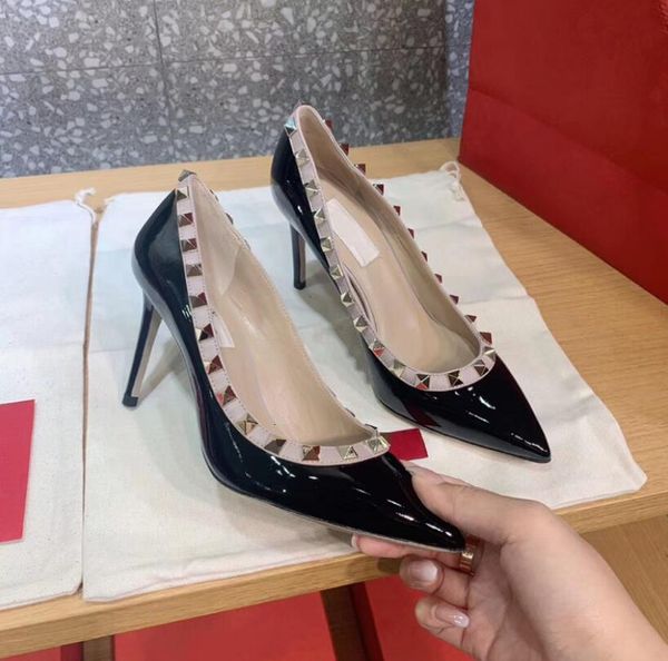 sandals spring pointed toe high heels women stiletto rivets single patent leather pumps shoes, Black
sandals spring pointed toe high heels women stiletto rivets single patent leather pumps shoes, Black