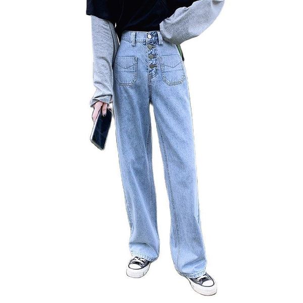 women's jeans spring autumn female high-waisted single-breasted wide pants patch pocket straight, Blue
women's jeans spring autumn female high-waisted single-breasted wide pants patch pocket straight, Blue