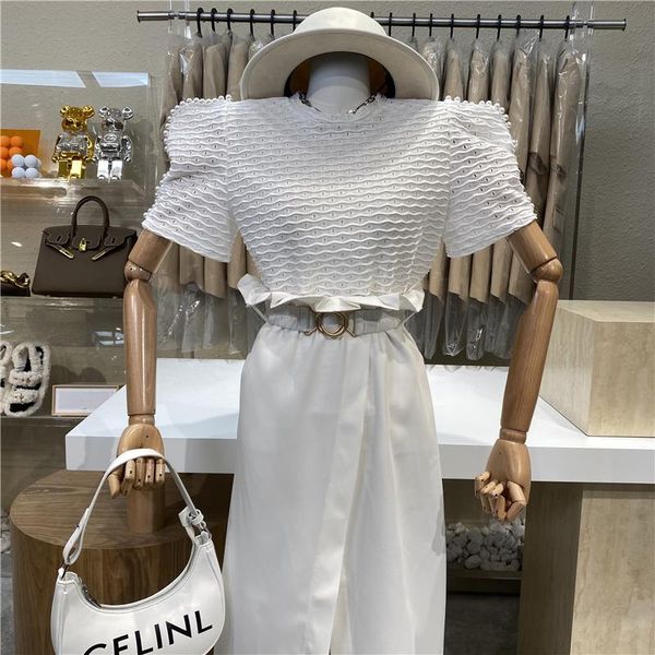 women's t-shirt niche design 2021 hollow micro elastic short jacket handmade pearl sleeve wavy style, White
women's t-shirt niche design 2021 hollow micro elastic short jacket handmade pearl sleeve wavy style, White