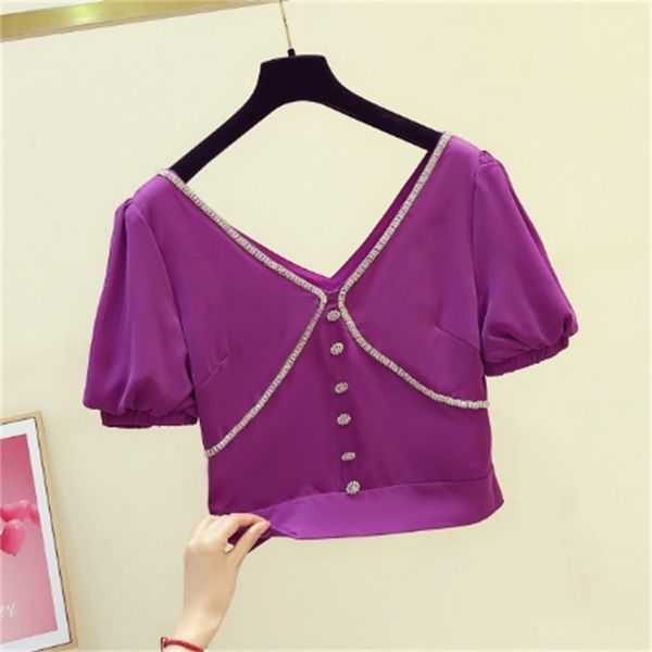blouses handmade diamond chain rhinestone buckle lantern sleeve v-neck short chiffon shirt female summer blouse crop blusas, White
blouses handmade diamond chain rhinestone buckle lantern sleeve v-neck short chiffon shirt female summer blouse crop blusas, White