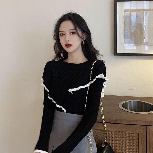 women's t-shirt autumn and winter net red design sense black inside with slim long sleeve chic ruffle knit bottomed shirt top, White
women's t-shirt autumn and winter net red design sense black inside with slim long sleeve chic ruffle knit bottomed shirt top, White