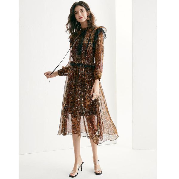 women's 100% silk dress printed leopard bowknot lace neckline elastic waist casual dresses, Black;gray
women's 100% silk dress printed leopard bowknot lace neckline elastic waist casual dresses, Black;gray