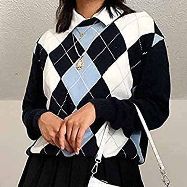 sweater women 2021 argyle pattern england style woman sweaters knitted pullover round neck for ladies jumper women's, White;black
sweater women 2021 argyle pattern england style woman sweaters knitted pullover round neck for ladies jumper women's, White;black