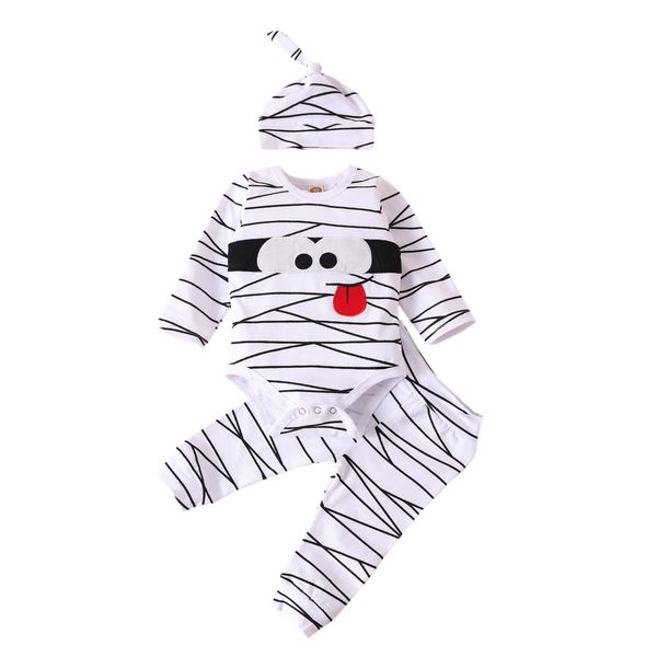 3 pcs newborn halloween outfits infant long sleeve round neck cartoon romper striped trousers and hat set, White
3 pcs newborn halloween outfits infant long sleeve round neck cartoon romper striped trousers and hat set, White