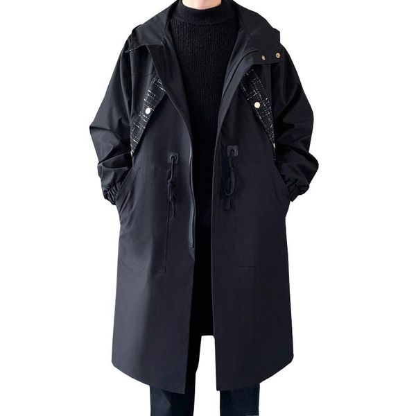 men's trench coats men coat with hood black mid long casual clothing, Tan;black
