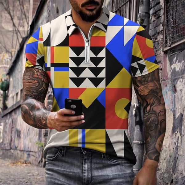 men's polos 2021 fashion men shirt 3d stripe color matching print short sleeves summer loose casual clothing, White;black 
men's polos 2021 fashion men shirt 3d stripe color matching print short sleeves summer loose casual clothing, White;black