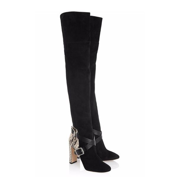boots european and american cross strap metal buckle snake skin pattern thick heel suede knee show thin women's, Black
boots european and american cross strap metal buckle snake skin pattern thick heel suede knee show thin women's, Black